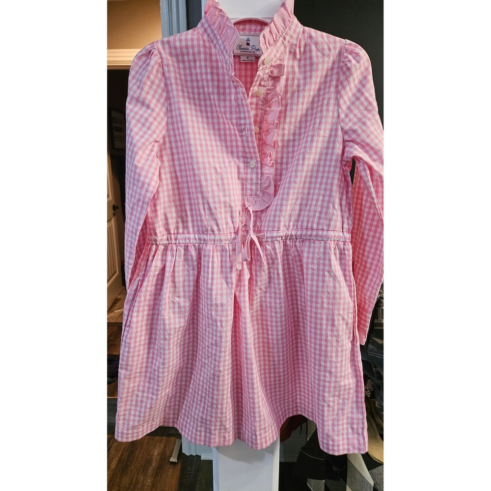 Girlhoodcore Prep Rowayton CT Girls Pink Gingham Ruffle Dress Size 8 Long Sleeve
